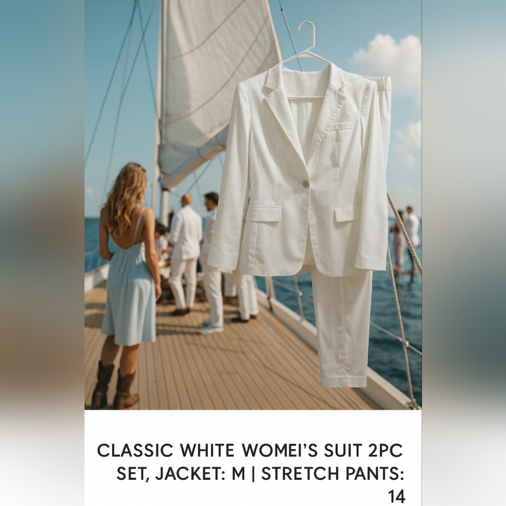 Sandro Classic White Women's Suit 2pc Set, Jacket: M | Stretch Pants: 14